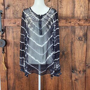 Dark feminine Retro 100% Silk Black and White Tie Dye tunic Blouse Size M